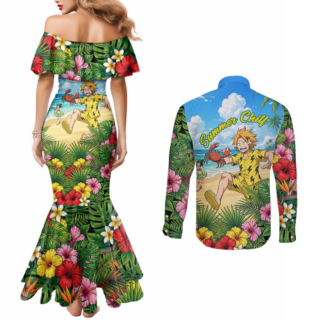 Denki Kaminari Summer Chill Couples Matching Mermaid Dress and Long Sleeve Button Shirt Tropical Anime Comedy Scene