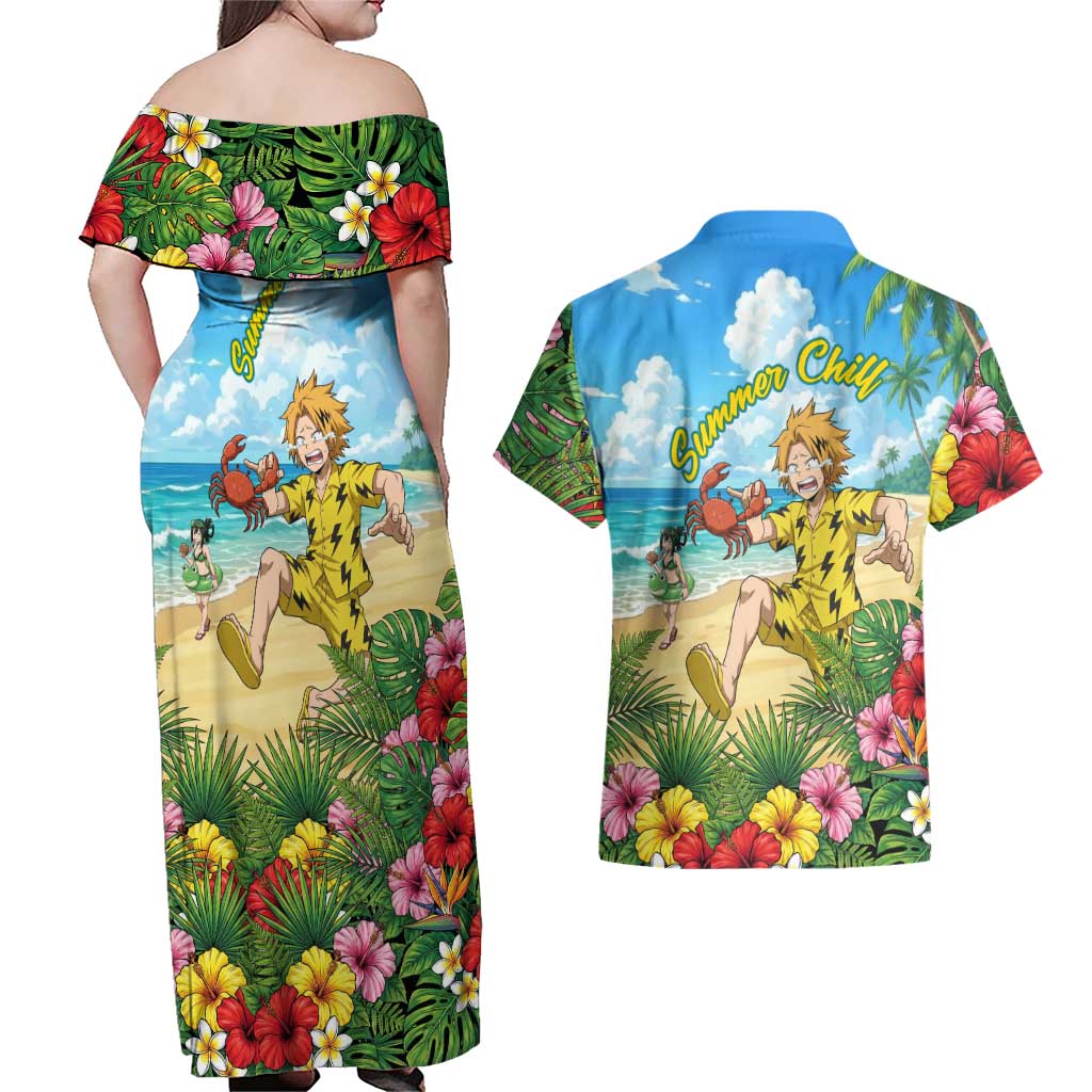 Denki Kaminari Summer Chill Couples Matching Off Shoulder Maxi Dress and Hawaiian Shirt Tropical Anime Comedy Scene