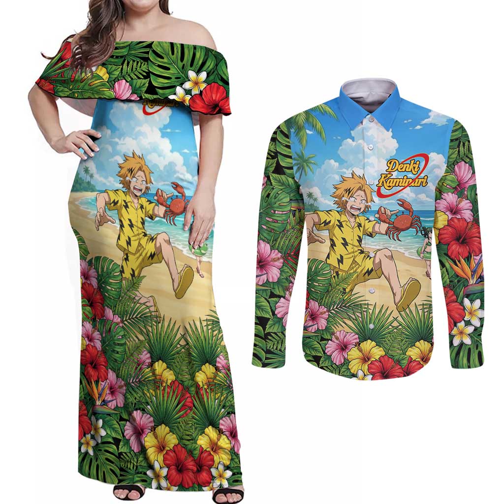 Denki Kaminari Summer Chill Couples Matching Off Shoulder Maxi Dress and Long Sleeve Button Shirt Tropical Anime Comedy Scene