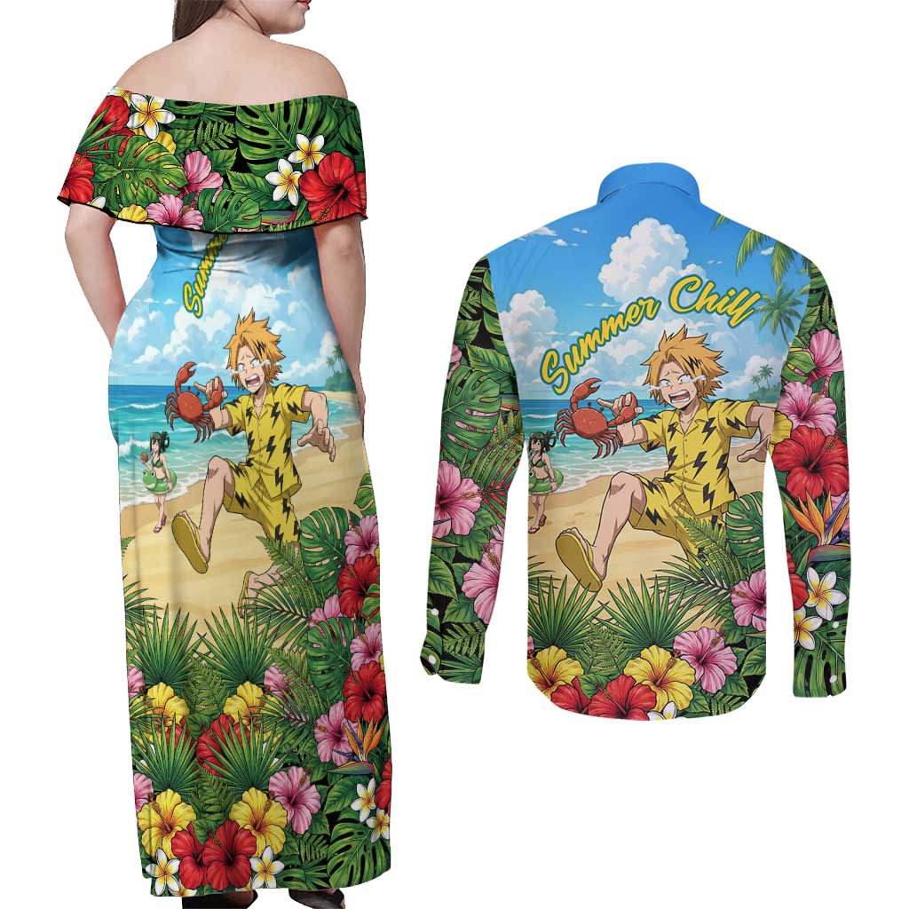 Denki Kaminari Summer Chill Couples Matching Off Shoulder Maxi Dress and Long Sleeve Button Shirt Tropical Anime Comedy Scene