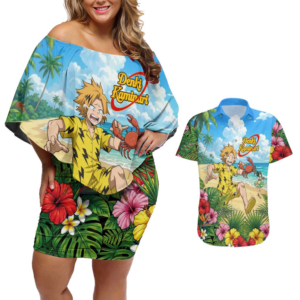 Denki Kaminari Summer Chill Couples Matching Off Shoulder Short Dress and Hawaiian Shirt Tropical Anime Comedy Scene