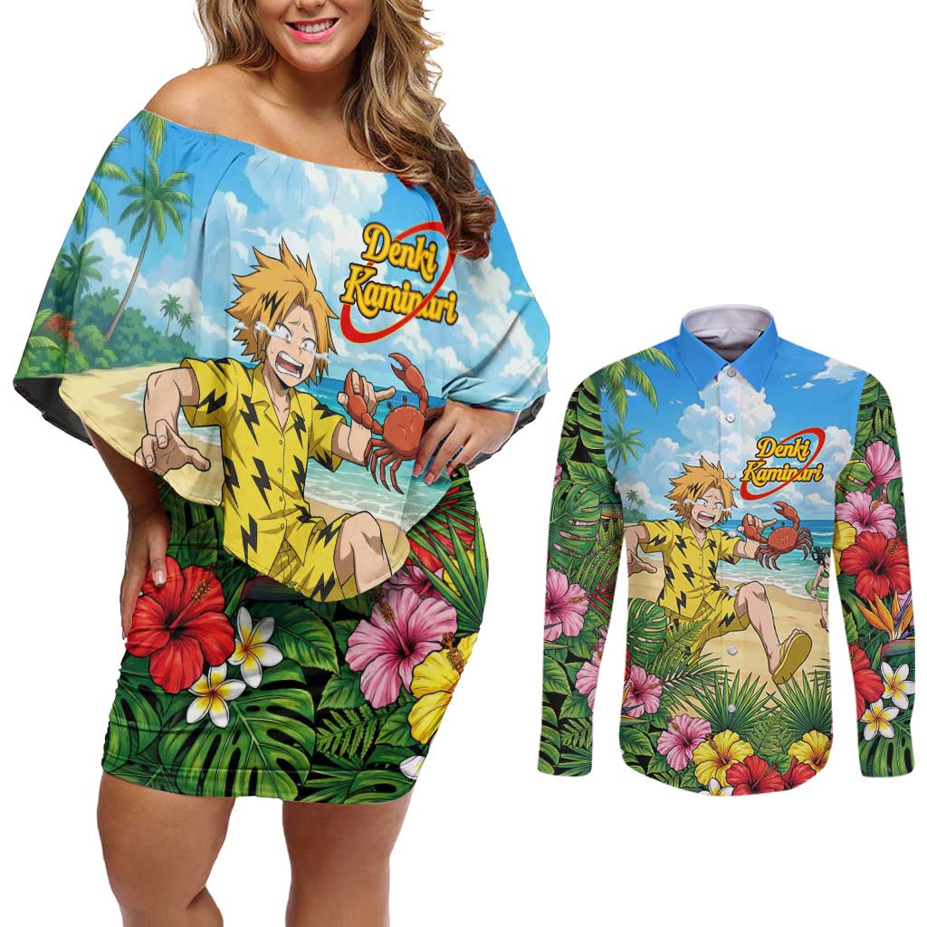 Denki Kaminari Summer Chill Couples Matching Off Shoulder Short Dress and Long Sleeve Button Shirt Tropical Anime Comedy Scene