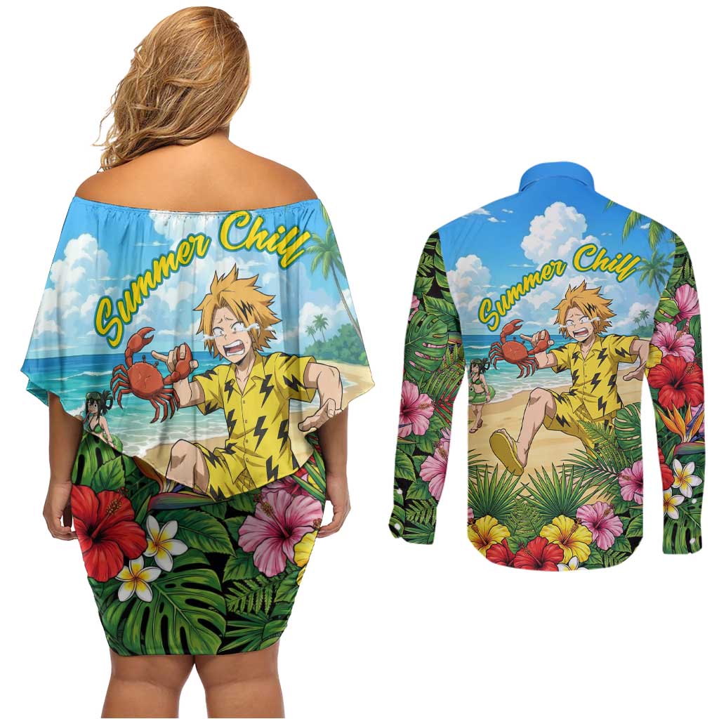 Denki Kaminari Summer Chill Couples Matching Off Shoulder Short Dress and Long Sleeve Button Shirt Tropical Anime Comedy Scene