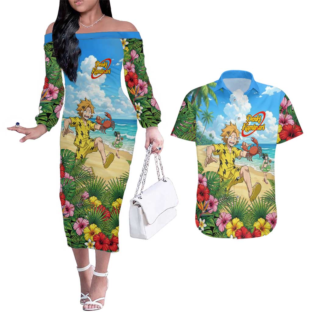 Denki Kaminari Summer Chill Couples Matching Off The Shoulder Long Sleeve Dress and Hawaiian Shirt Tropical Anime Comedy Scene