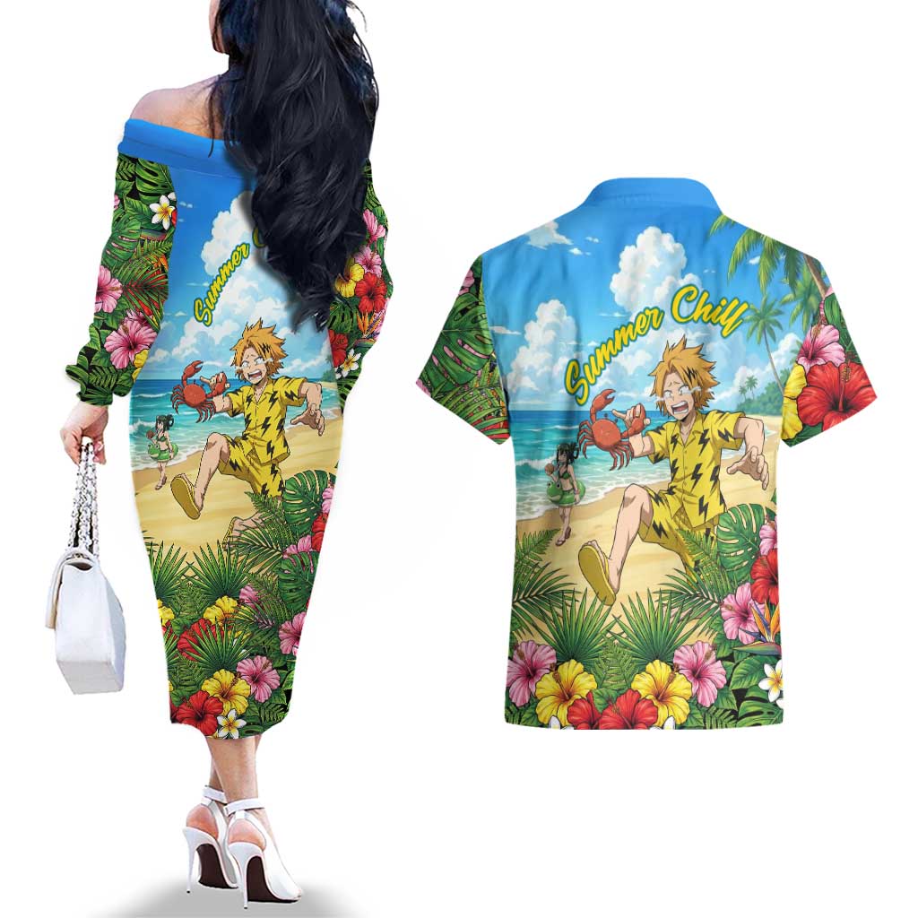 Denki Kaminari Summer Chill Couples Matching Off The Shoulder Long Sleeve Dress and Hawaiian Shirt Tropical Anime Comedy Scene