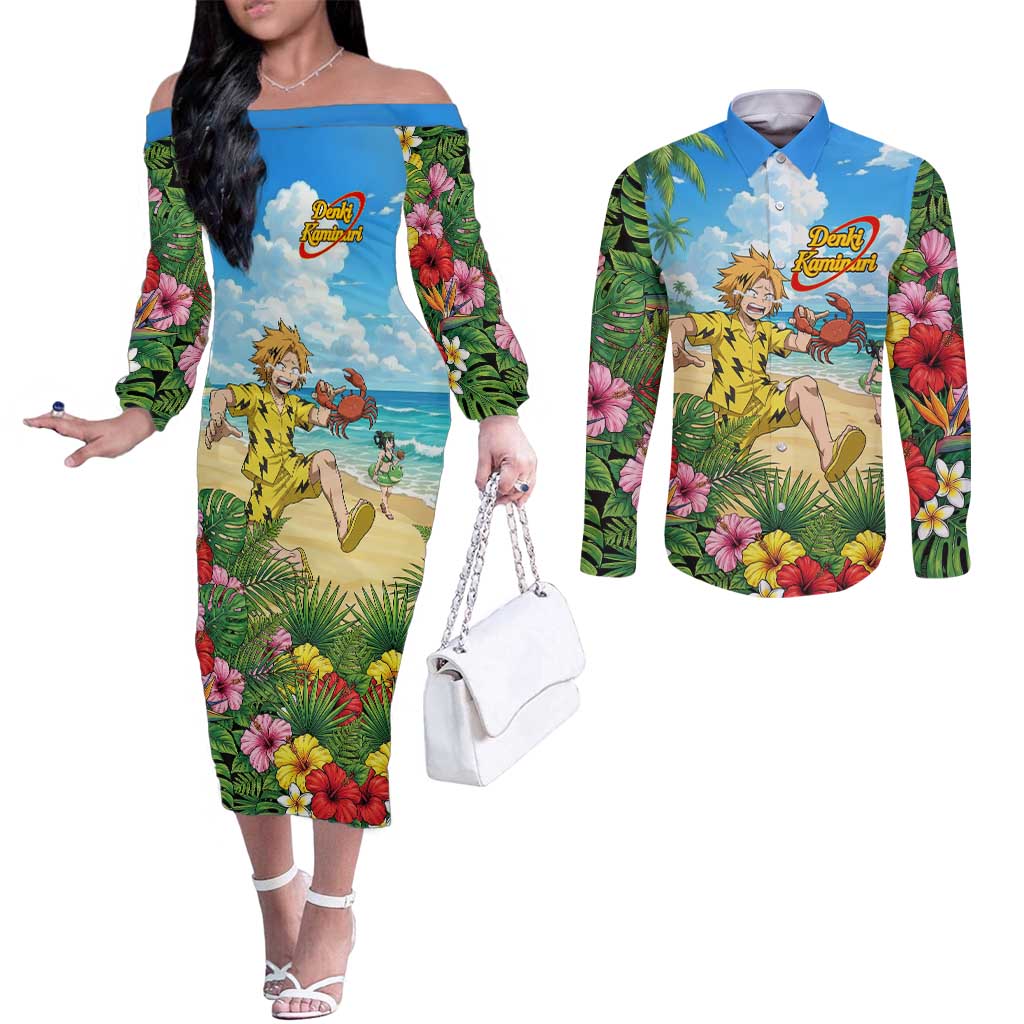 Denki Kaminari Summer Chill Couples Matching Off The Shoulder Long Sleeve Dress and Long Sleeve Button Shirt Tropical Anime Comedy Scene