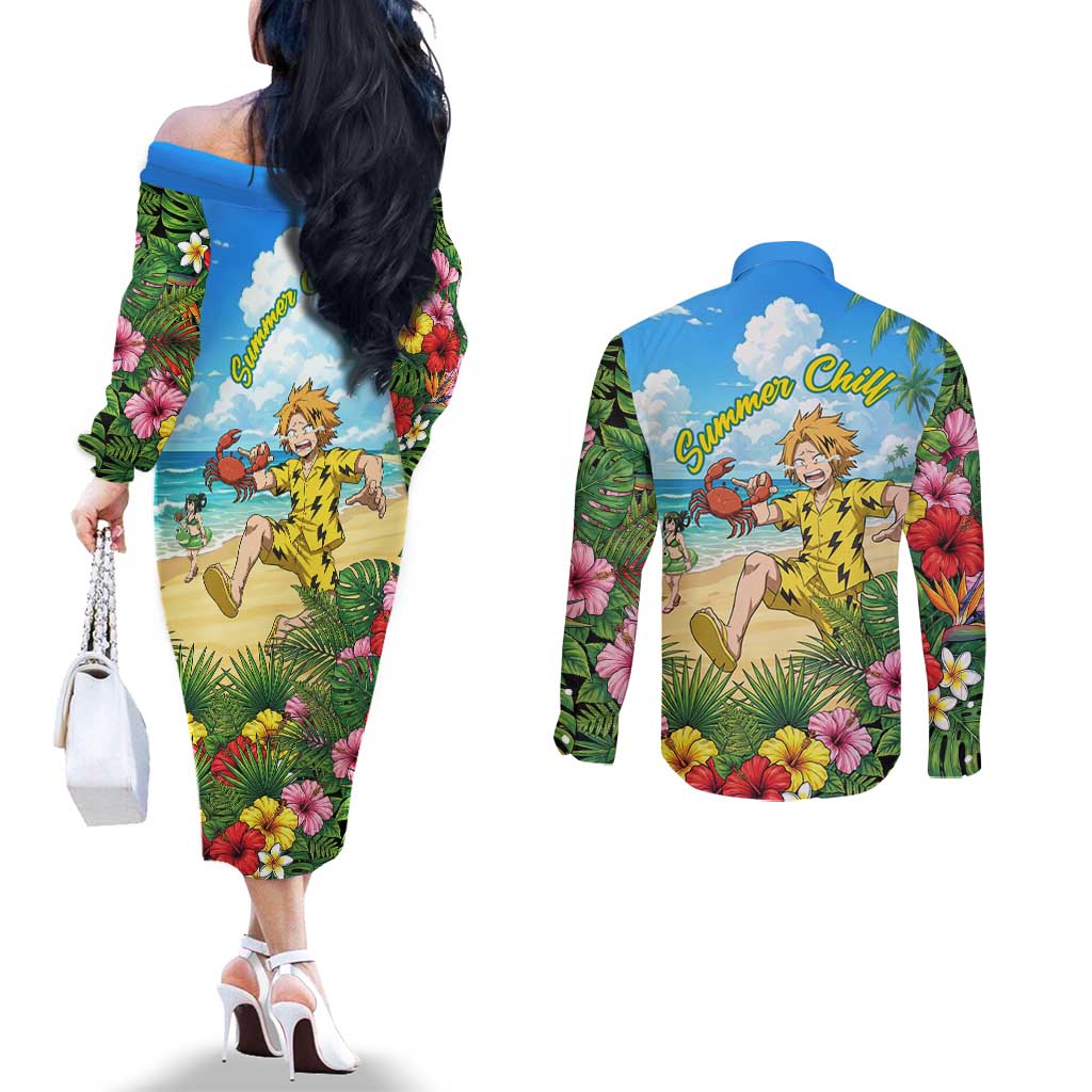 Denki Kaminari Summer Chill Couples Matching Off The Shoulder Long Sleeve Dress and Long Sleeve Button Shirt Tropical Anime Comedy Scene