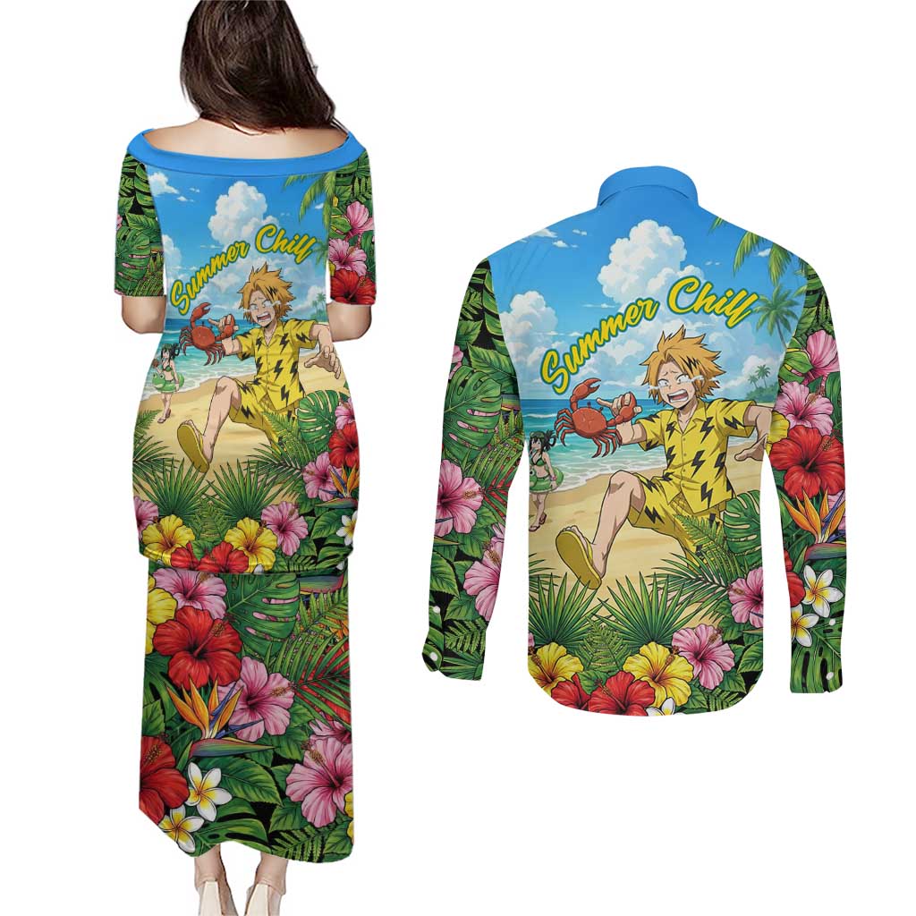 Denki Kaminari Summer Chill Couples Matching Puletasi and Long Sleeve Button Shirt Tropical Anime Comedy Scene