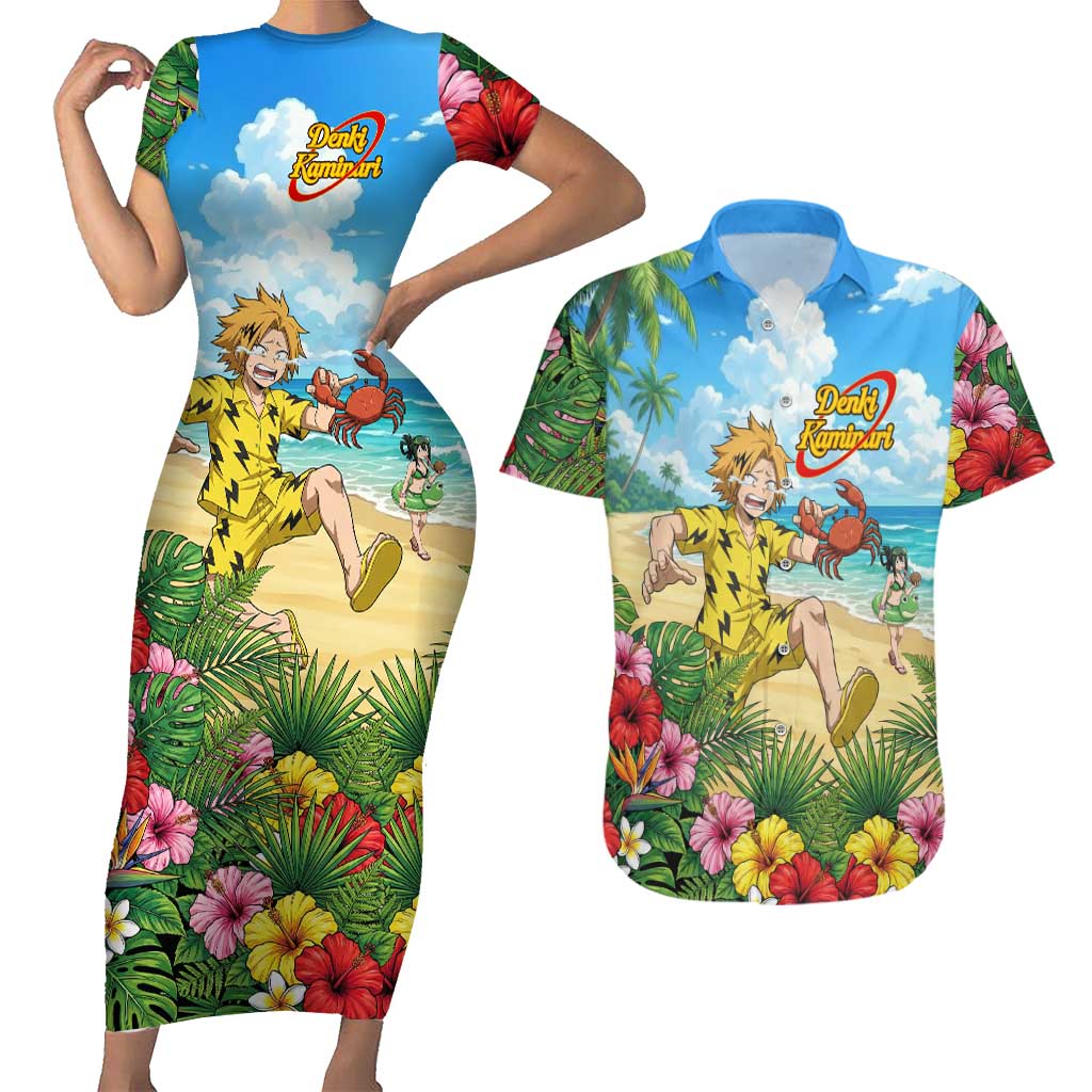 Denki Kaminari Summer Chill Couples Matching Short Sleeve Bodycon Dress and Hawaiian Shirt Tropical Anime Comedy Scene