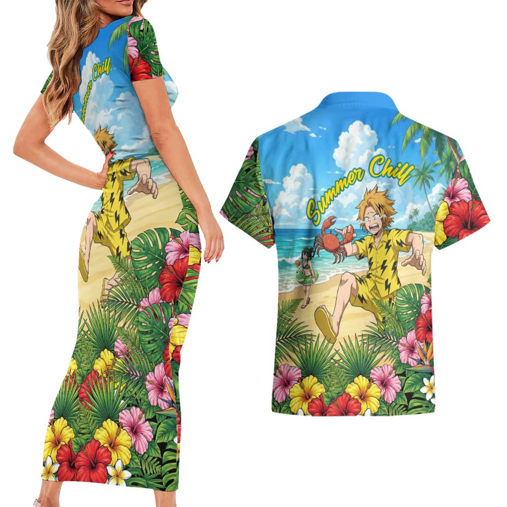 Denki Kaminari Summer Chill Couples Matching Short Sleeve Bodycon Dress and Hawaiian Shirt Tropical Anime Comedy Scene