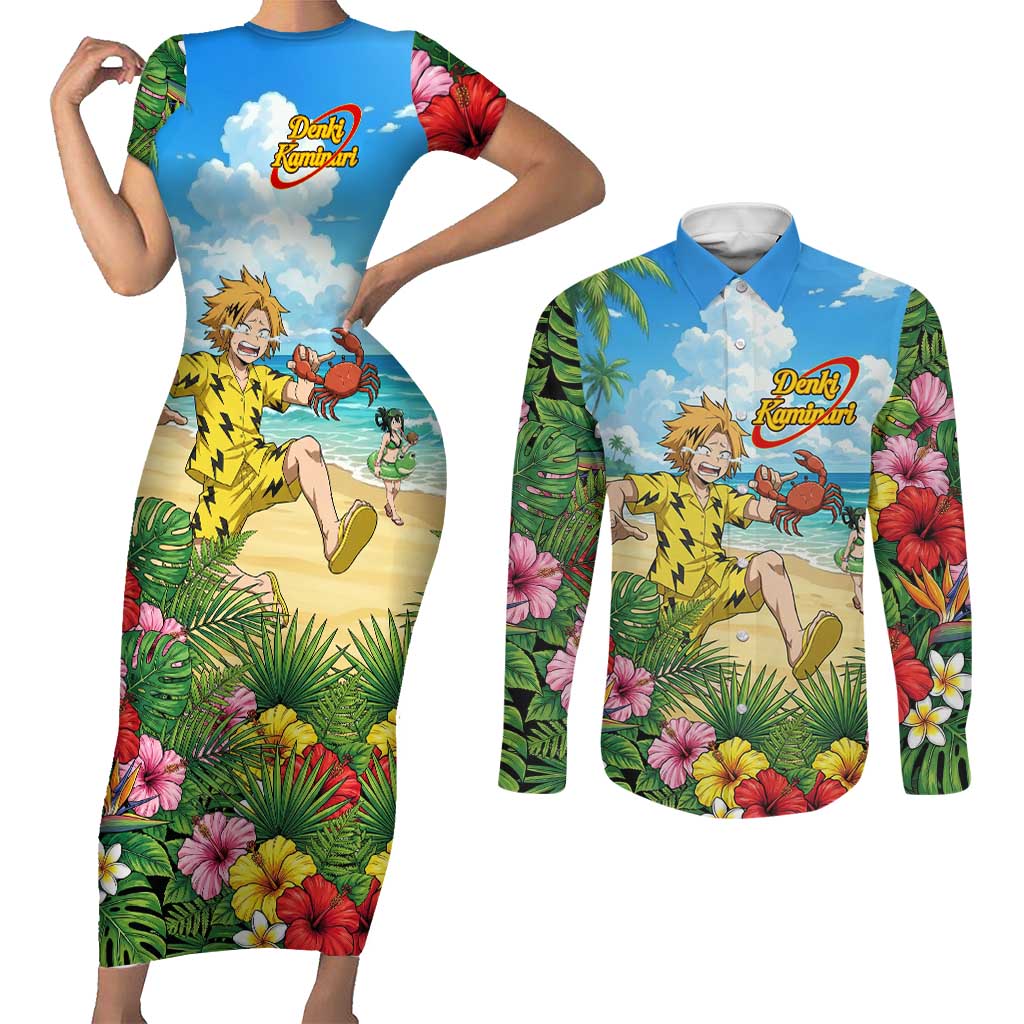 Denki Kaminari Summer Chill Couples Matching Short Sleeve Bodycon Dress and Long Sleeve Button Shirt Tropical Anime Comedy Scene