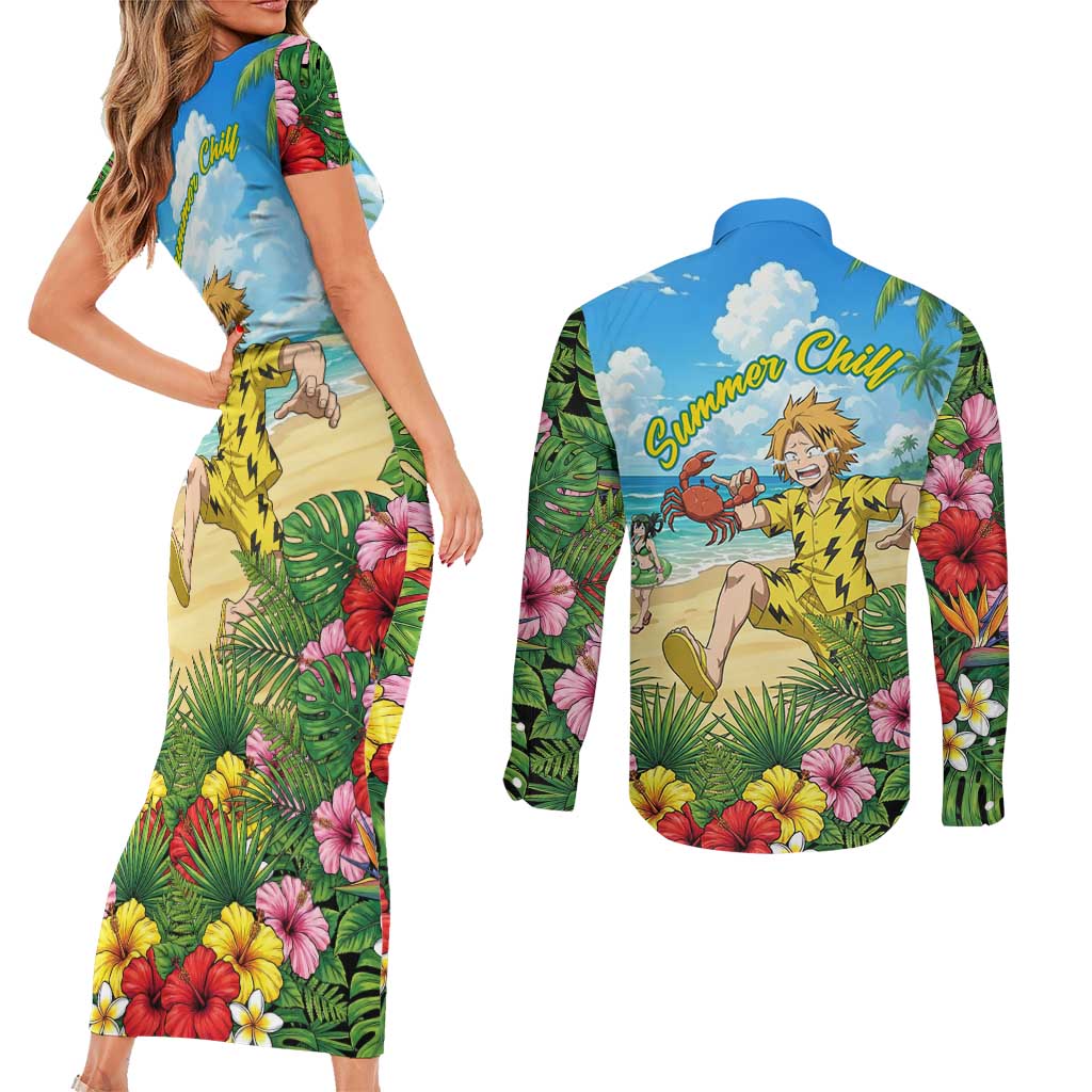 Denki Kaminari Summer Chill Couples Matching Short Sleeve Bodycon Dress and Long Sleeve Button Shirt Tropical Anime Comedy Scene
