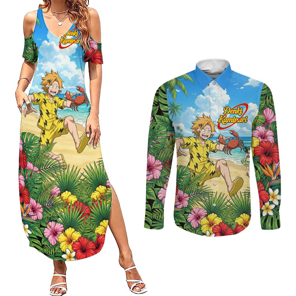 Denki Kaminari Summer Chill Couples Matching Summer Maxi Dress and Long Sleeve Button Shirt Tropical Anime Comedy Scene