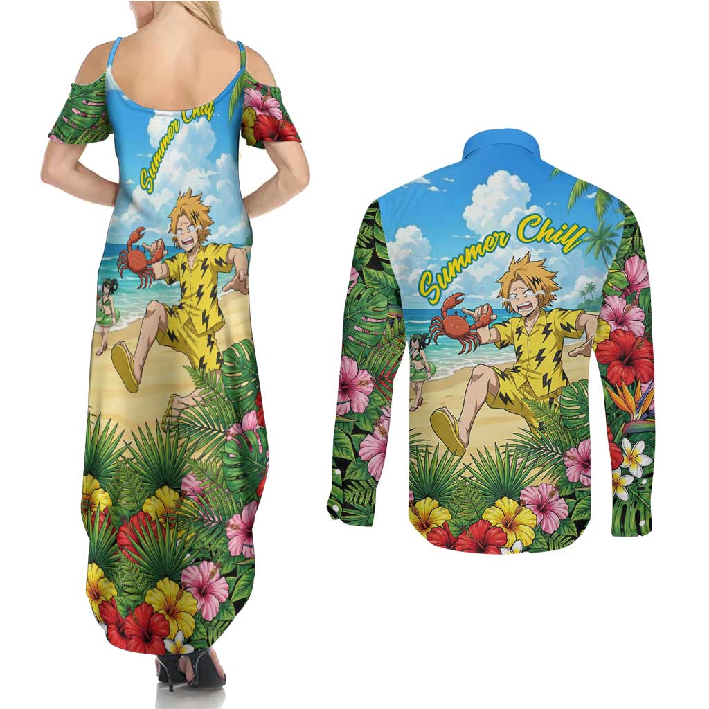 Denki Kaminari Summer Chill Couples Matching Summer Maxi Dress and Long Sleeve Button Shirt Tropical Anime Comedy Scene