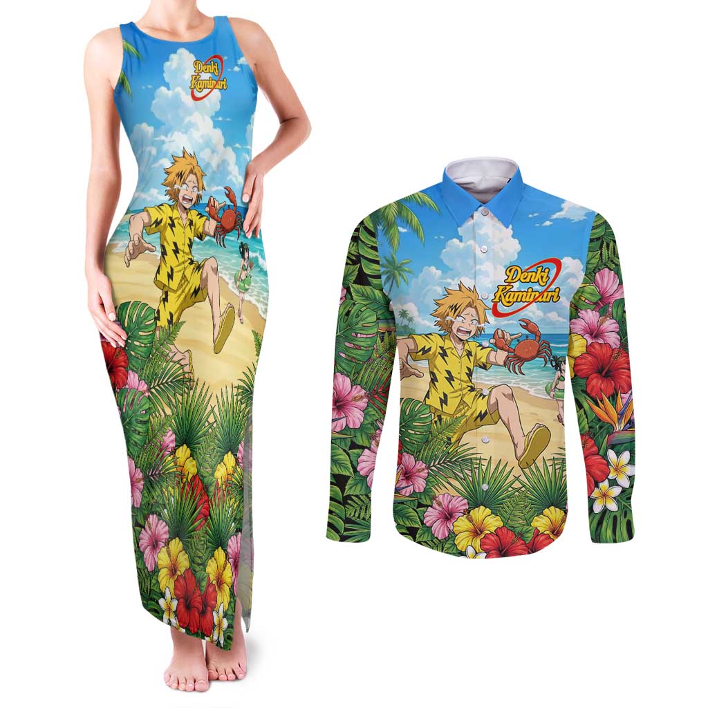 Denki Kaminari Summer Chill Couples Matching Tank Maxi Dress and Long Sleeve Button Shirt Tropical Anime Comedy Scene