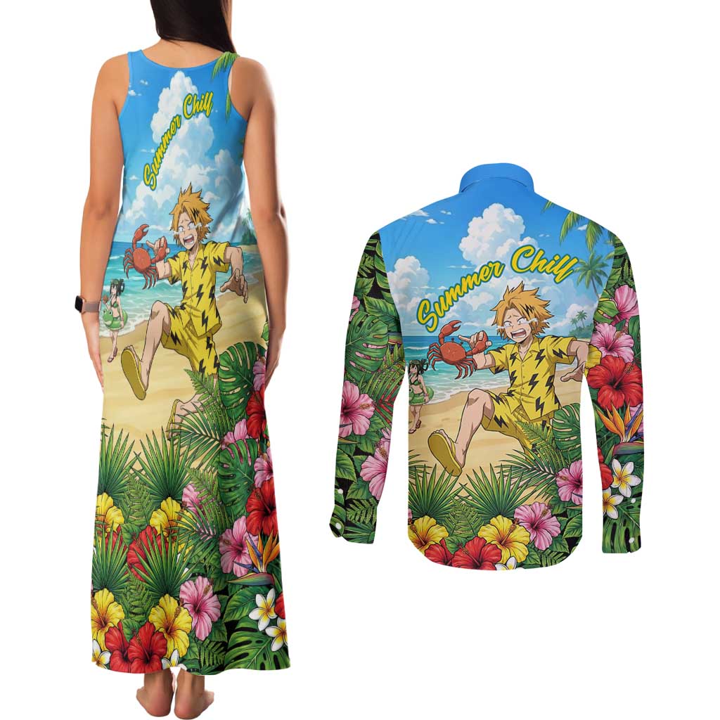 Denki Kaminari Summer Chill Couples Matching Tank Maxi Dress and Long Sleeve Button Shirt Tropical Anime Comedy Scene