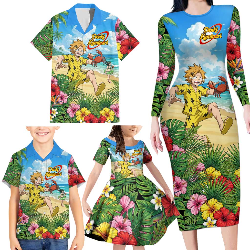 Denki Kaminari Summer Chill Family Matching Long Sleeve Bodycon Dress and Hawaiian Shirt Tropical Anime Comedy Scene