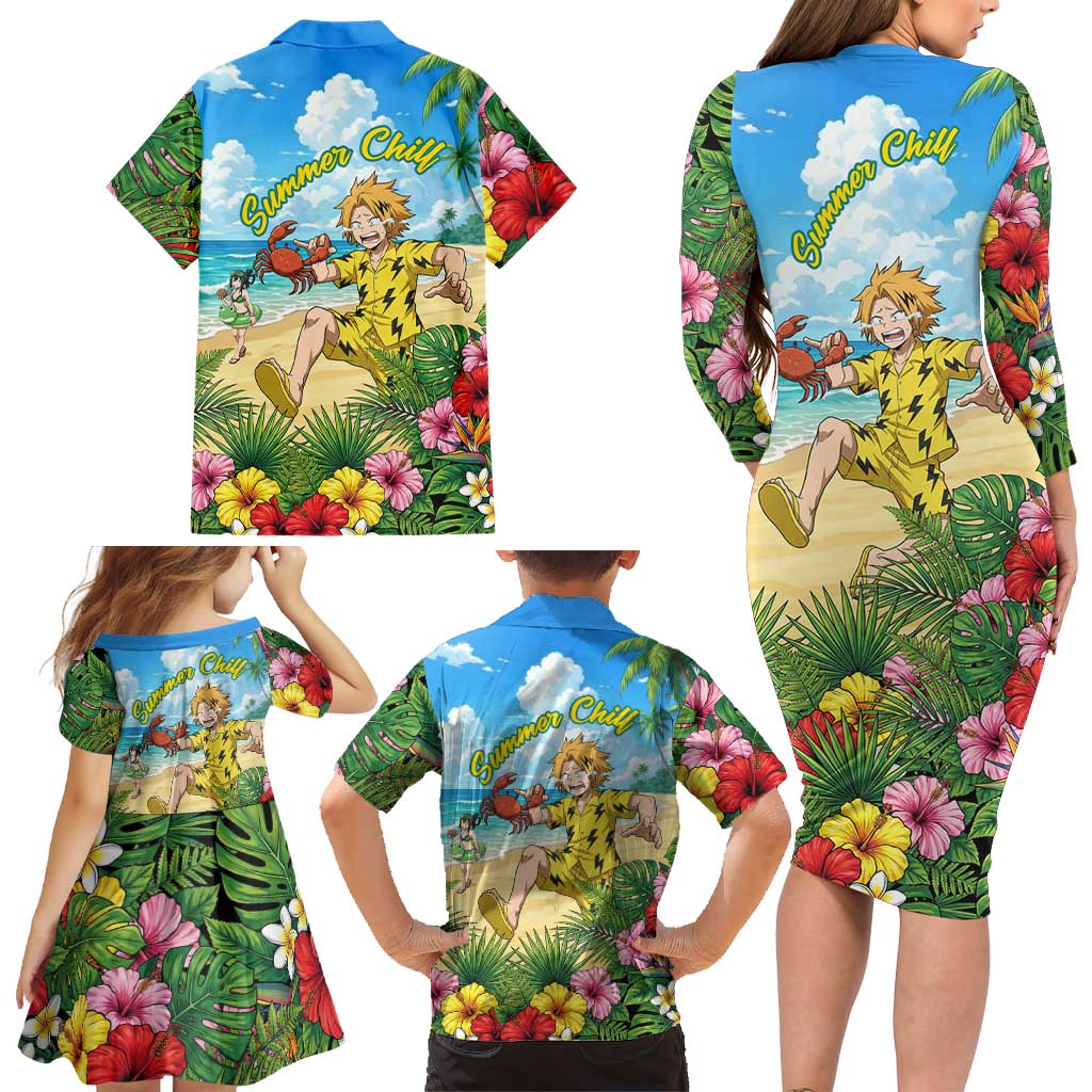 Denki Kaminari Summer Chill Family Matching Long Sleeve Bodycon Dress and Hawaiian Shirt Tropical Anime Comedy Scene