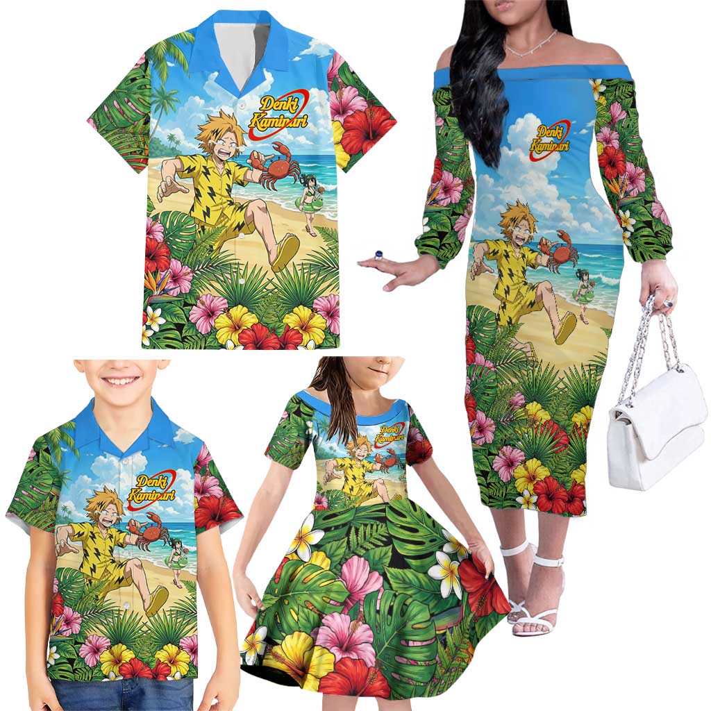 Denki Kaminari Summer Chill Family Matching Off The Shoulder Long Sleeve Dress and Hawaiian Shirt Tropical Anime Comedy Scene