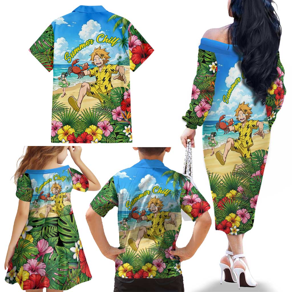 Denki Kaminari Summer Chill Family Matching Off The Shoulder Long Sleeve Dress and Hawaiian Shirt Tropical Anime Comedy Scene