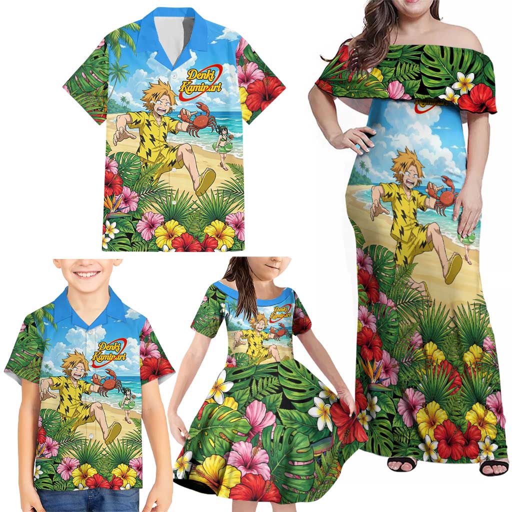 Denki Kaminari Summer Chill Family Matching Off Shoulder Maxi Dress and Hawaiian Shirt Tropical Anime Comedy Scene