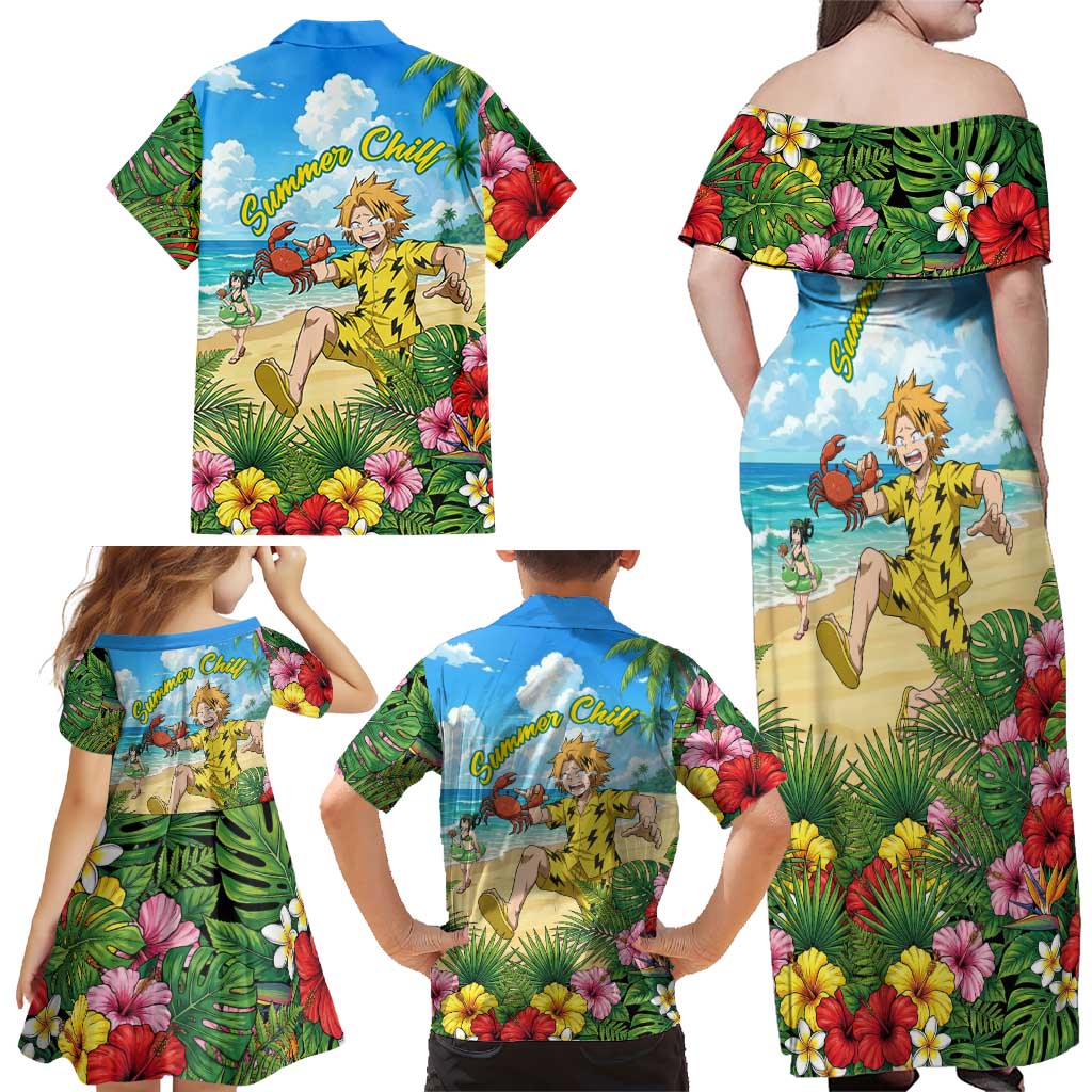 Denki Kaminari Summer Chill Family Matching Off Shoulder Maxi Dress and Hawaiian Shirt Tropical Anime Comedy Scene