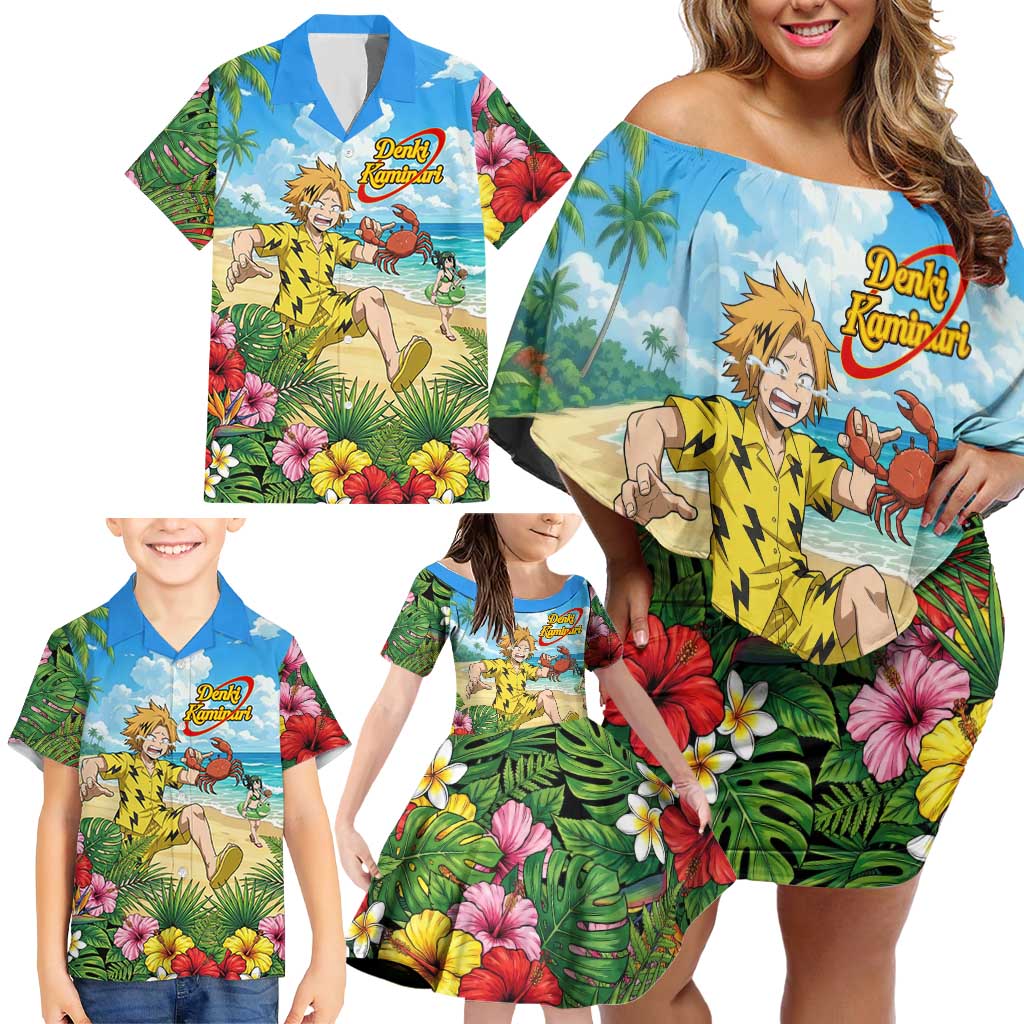 Denki Kaminari Summer Chill Family Matching Off Shoulder Short Dress and Hawaiian Shirt Tropical Anime Comedy Scene