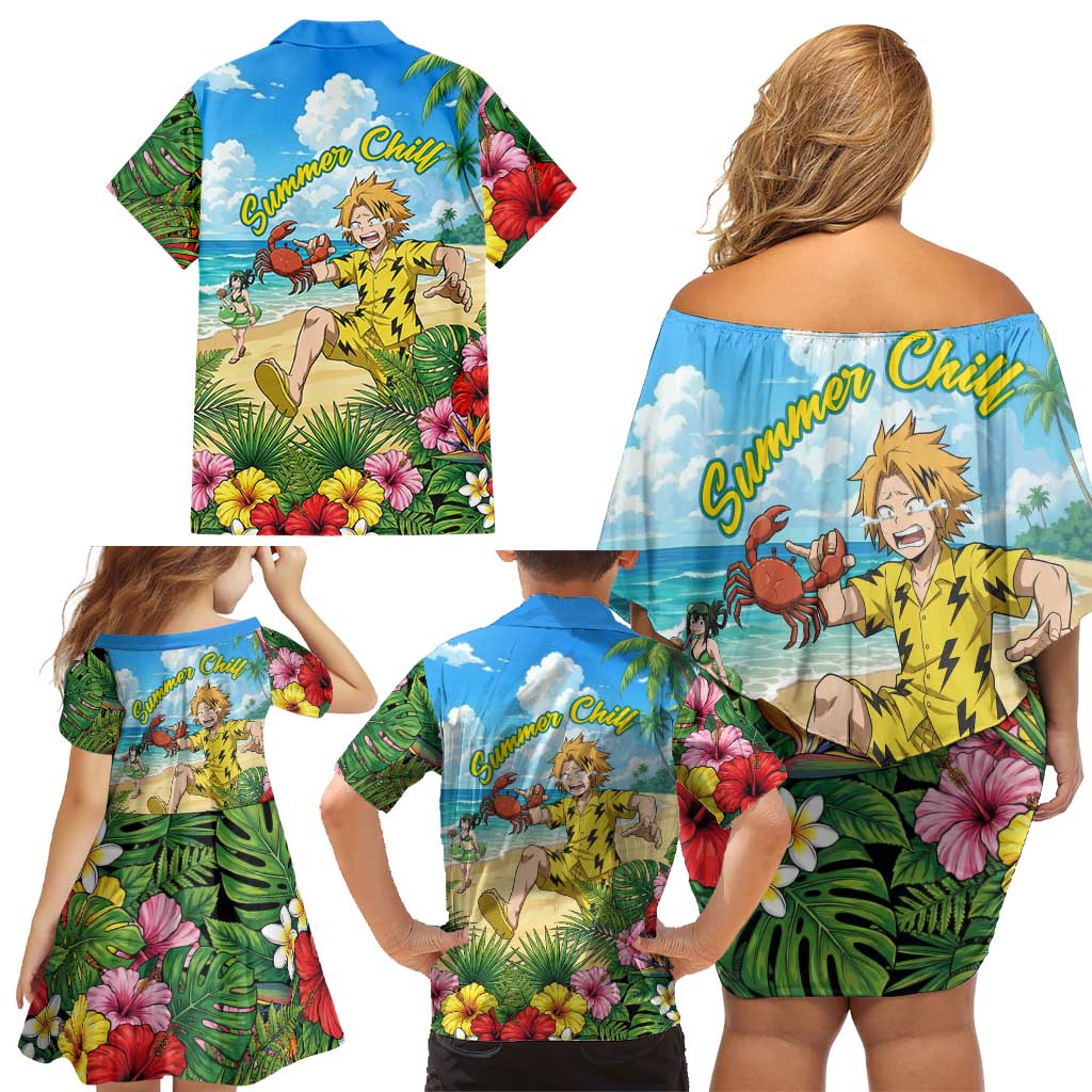 Denki Kaminari Summer Chill Family Matching Off Shoulder Short Dress and Hawaiian Shirt Tropical Anime Comedy Scene