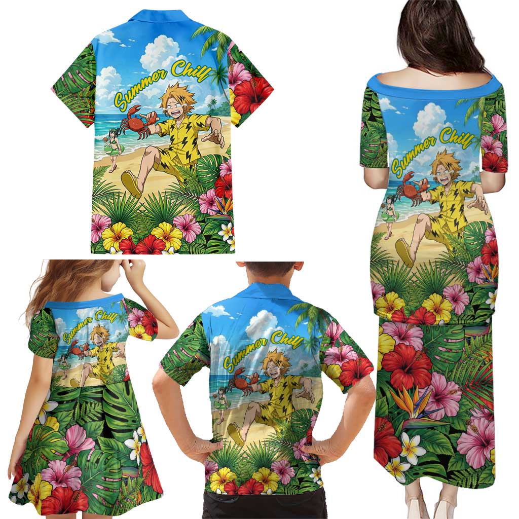 Denki Kaminari Summer Chill Family Matching Puletasi and Hawaiian Shirt Tropical Anime Comedy Scene