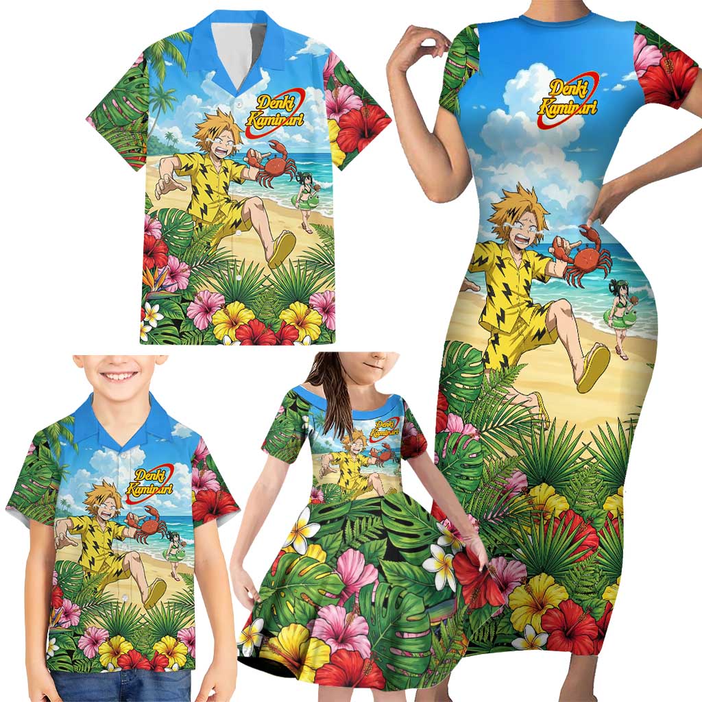 Denki Kaminari Summer Chill Family Matching Short Sleeve Bodycon Dress and Hawaiian Shirt Tropical Anime Comedy Scene