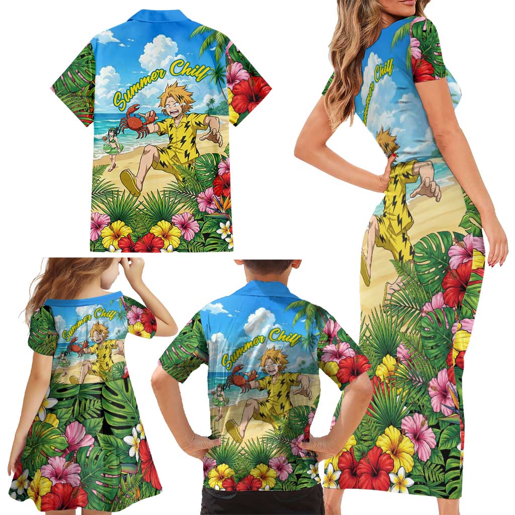 Denki Kaminari Summer Chill Family Matching Short Sleeve Bodycon Dress and Hawaiian Shirt Tropical Anime Comedy Scene