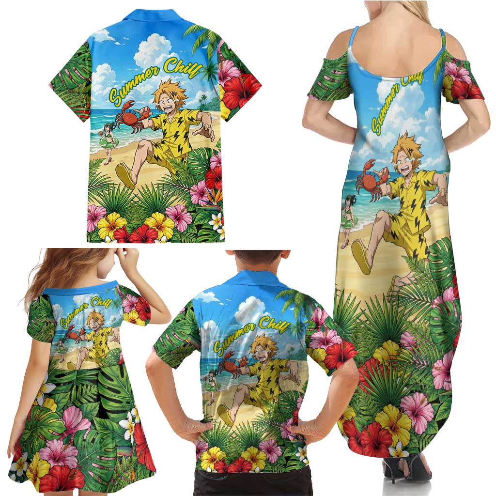 Denki Kaminari Summer Chill Family Matching Summer Maxi Dress and Hawaiian Shirt Tropical Anime Comedy Scene
