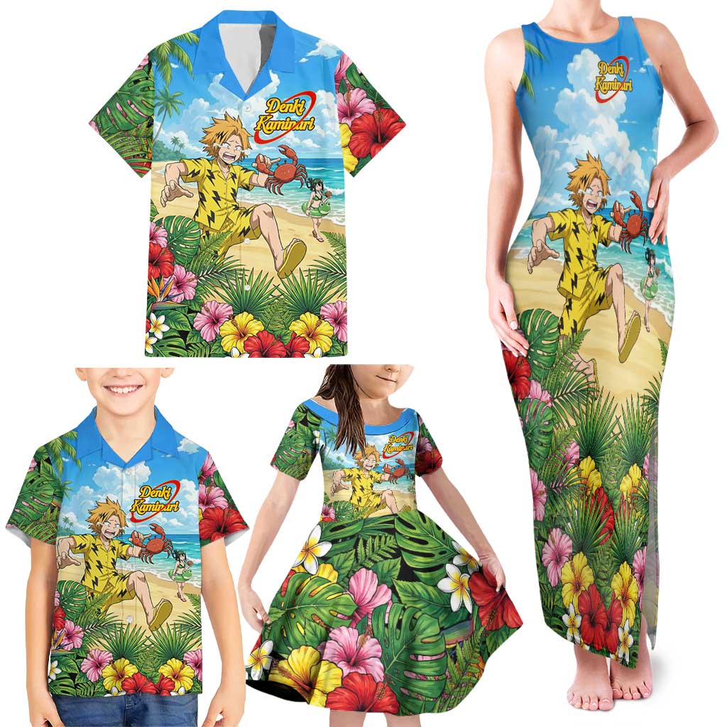 Denki Kaminari Summer Chill Family Matching Tank Maxi Dress and Hawaiian Shirt Tropical Anime Comedy Scene