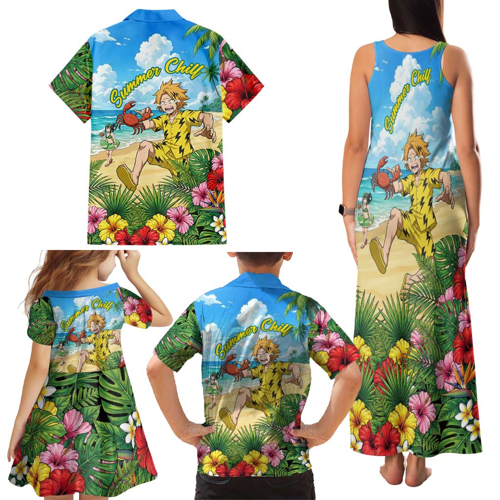Denki Kaminari Summer Chill Family Matching Tank Maxi Dress and Hawaiian Shirt Tropical Anime Comedy Scene