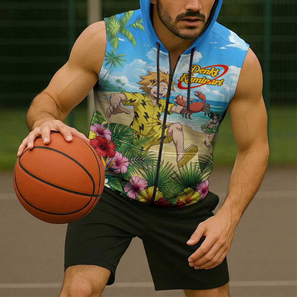 Denki Kaminari Summer Chill Sleeveless Zip Hoodie Tropical Anime Comedy Scene