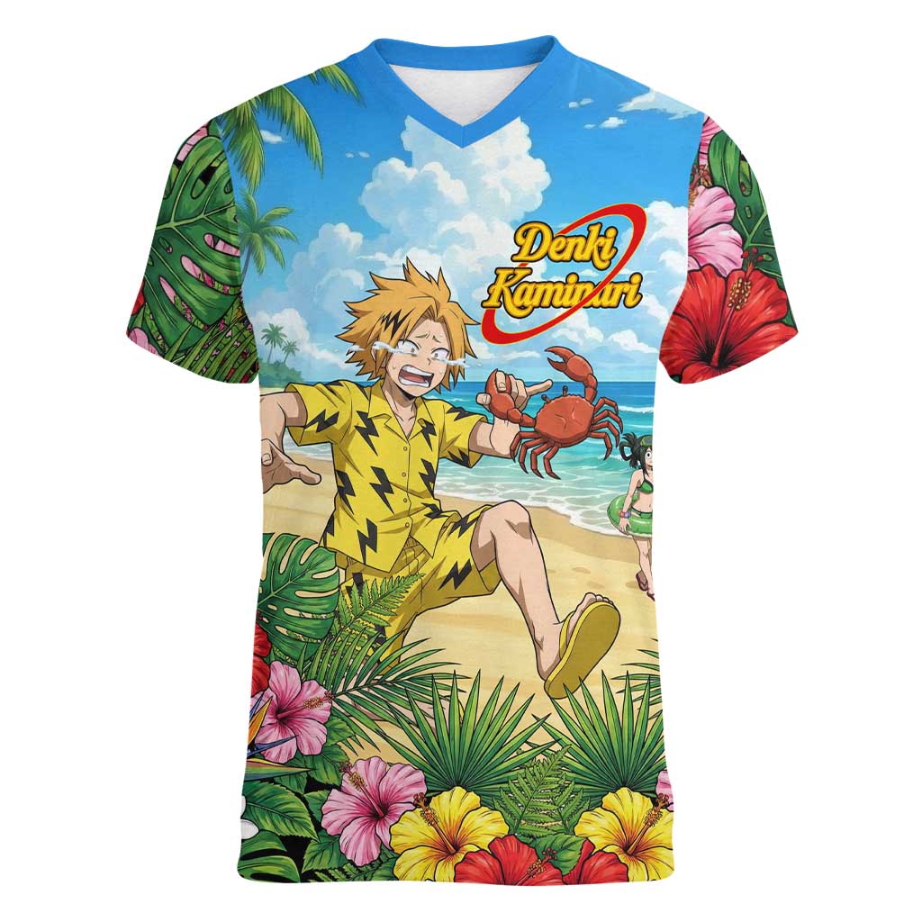 Denki Kaminari Summer Chill Women V-Neck T-Shirt Tropical Anime Comedy Scene