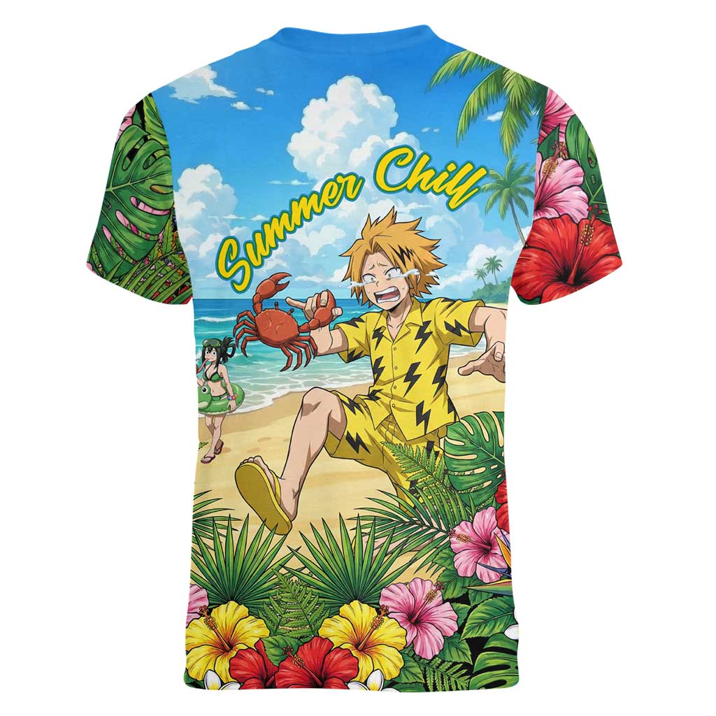 Denki Kaminari Summer Chill Women V-Neck T-Shirt Tropical Anime Comedy Scene