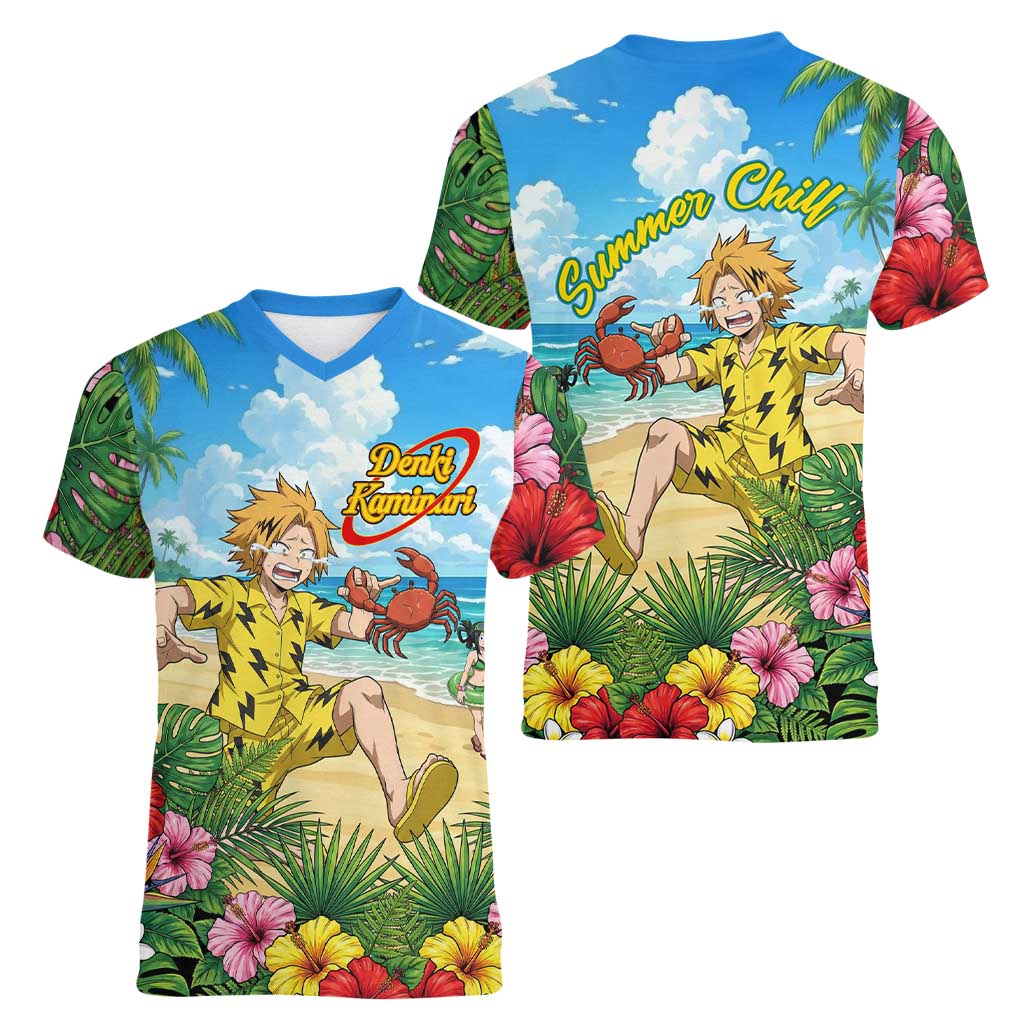 Denki Kaminari Summer Chill Women V-Neck T-Shirt Tropical Anime Comedy Scene
