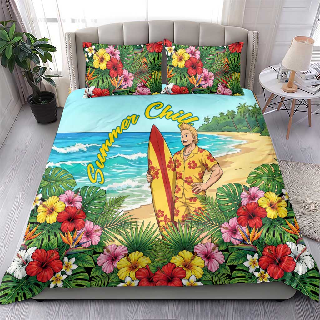 Mirio Togata Summer Chill Bedding Set Tropical Anime Surf Scene