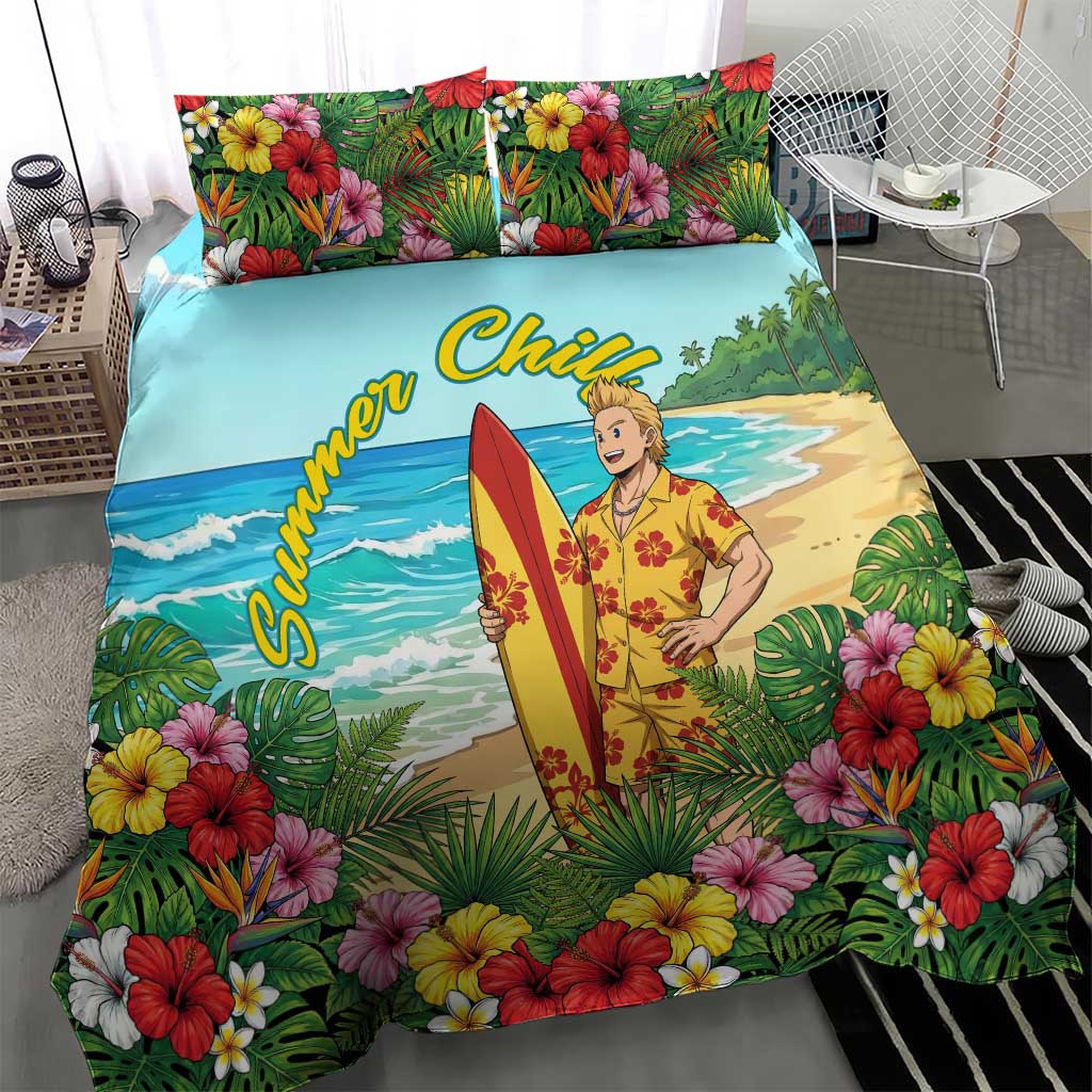 Mirio Togata Summer Chill Bedding Set Tropical Anime Surf Scene