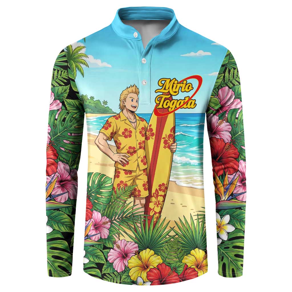 Mirio Togata Summer Chill Button Sweatshirt Tropical Anime Surf Scene