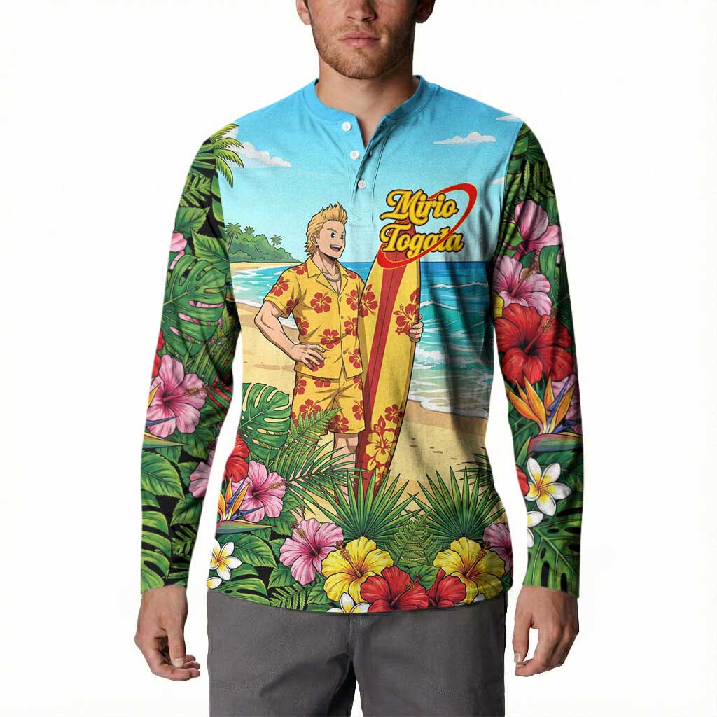 Mirio Togata Summer Chill Button Sweatshirt Tropical Anime Surf Scene