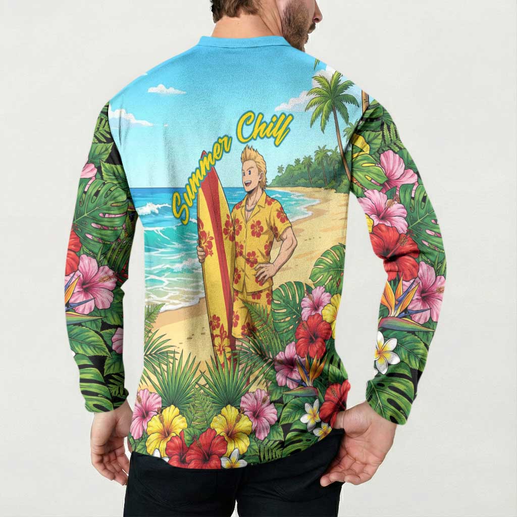 Mirio Togata Summer Chill Button Sweatshirt Tropical Anime Surf Scene