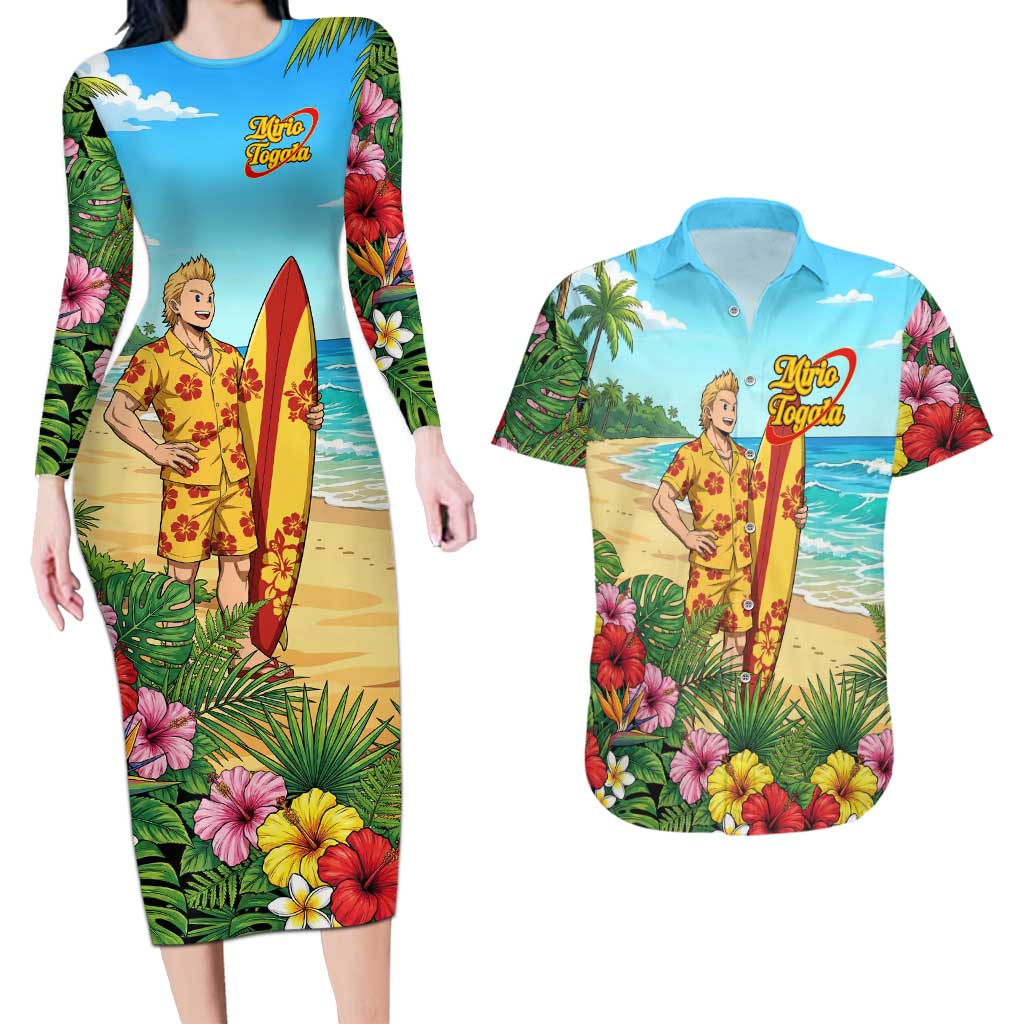 Mirio Togata Summer Chill Couples Matching Long Sleeve Bodycon Dress and Hawaiian Shirt Tropical Anime Surf Scene