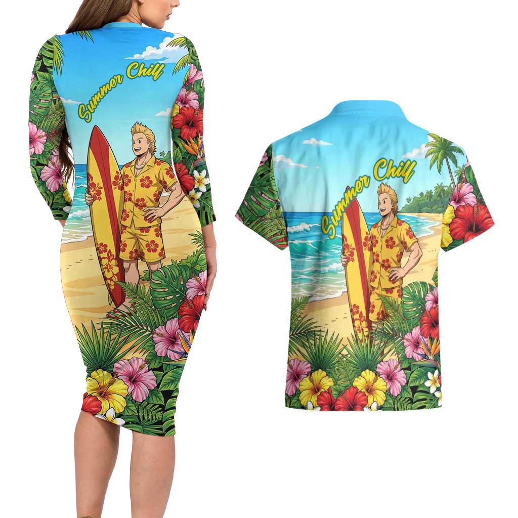 Mirio Togata Summer Chill Couples Matching Long Sleeve Bodycon Dress and Hawaiian Shirt Tropical Anime Surf Scene