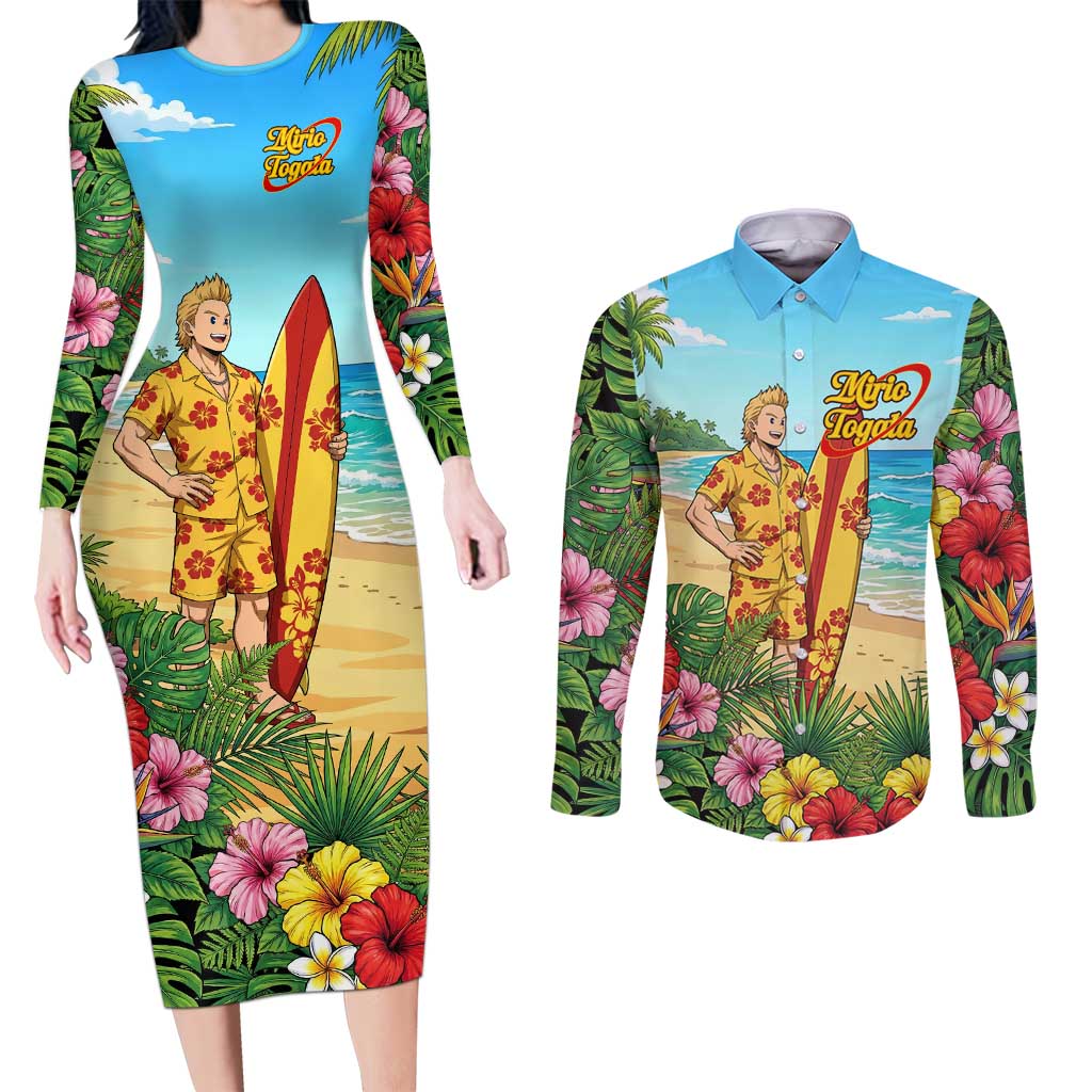 Mirio Togata Summer Chill Couples Matching Long Sleeve Bodycon Dress and Long Sleeve Button Shirt Tropical Anime Surf Scene
