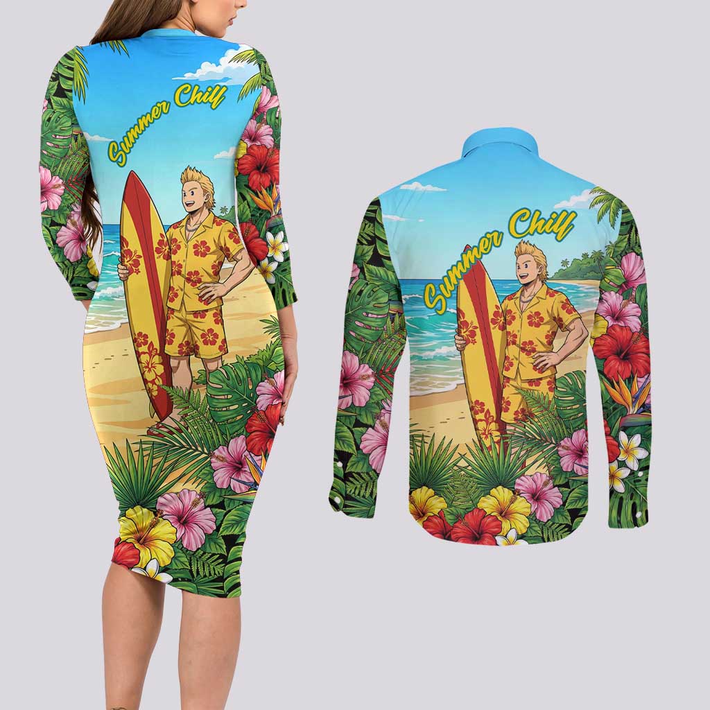 Mirio Togata Summer Chill Couples Matching Long Sleeve Bodycon Dress and Long Sleeve Button Shirt Tropical Anime Surf Scene