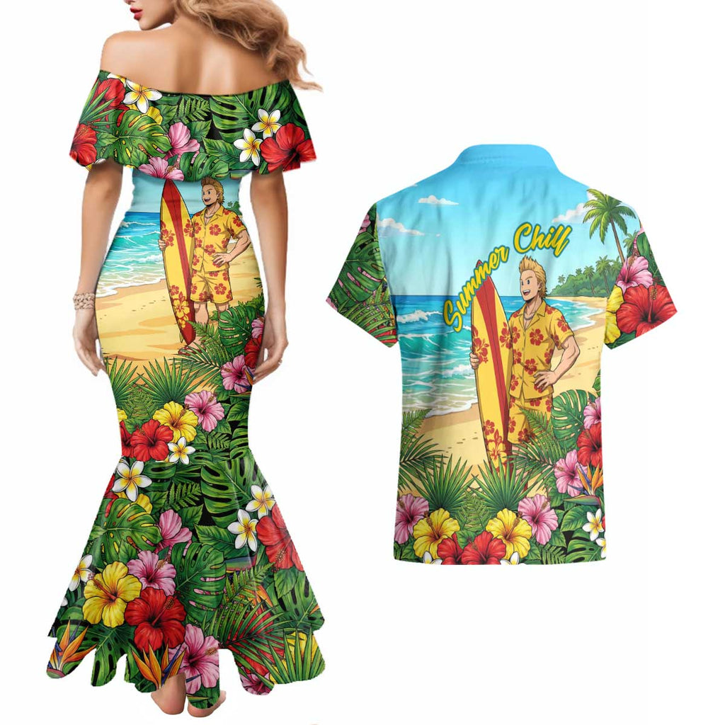 Mirio Togata Summer Chill Couples Matching Mermaid Dress and Hawaiian Shirt Tropical Anime Surf Scene