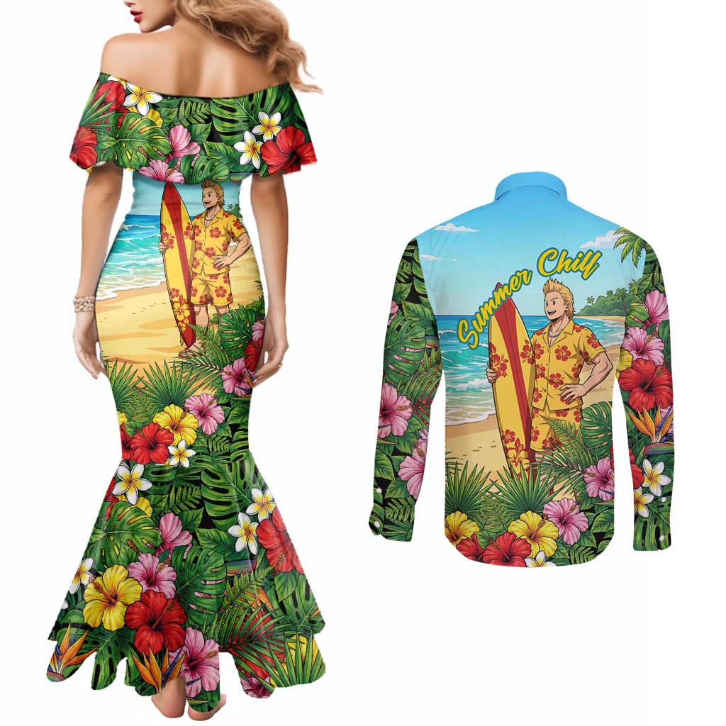 Mirio Togata Summer Chill Couples Matching Mermaid Dress and Long Sleeve Button Shirt Tropical Anime Surf Scene