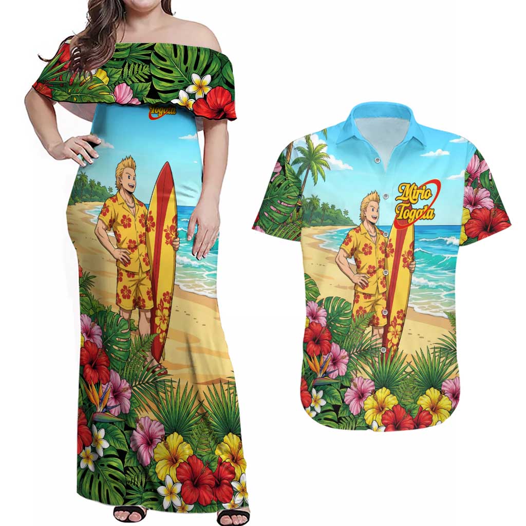 Mirio Togata Summer Chill Couples Matching Off Shoulder Maxi Dress and Hawaiian Shirt Tropical Anime Surf Scene